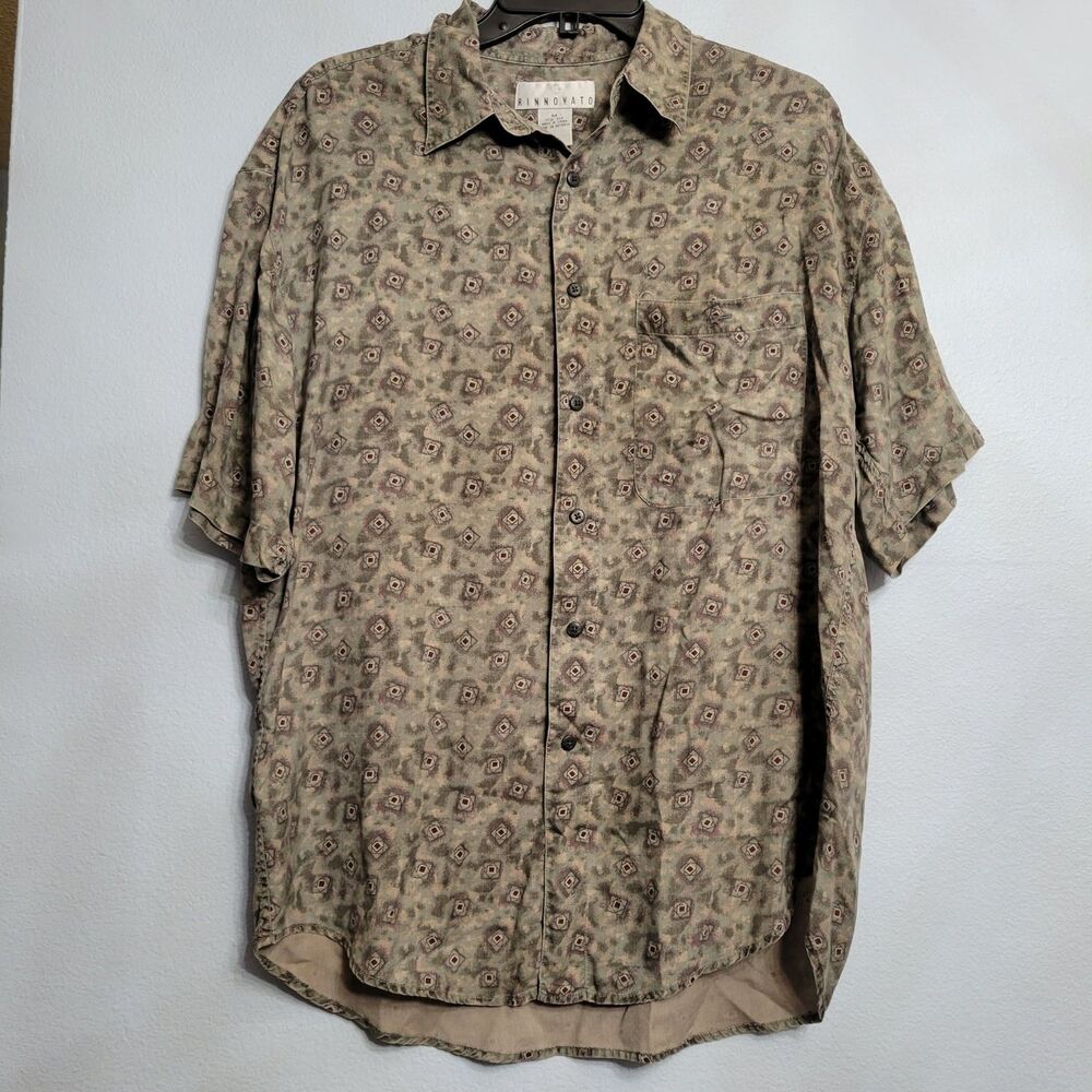 RINNOVATO Mens MED 100% Silk Button Down Shirt Geometric Resort Casual Taupe
